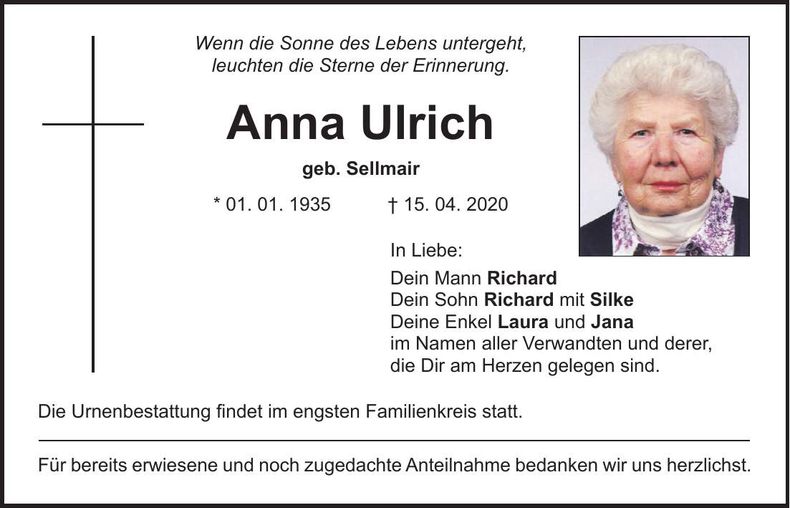 Traueranzeige Anna Ulrich