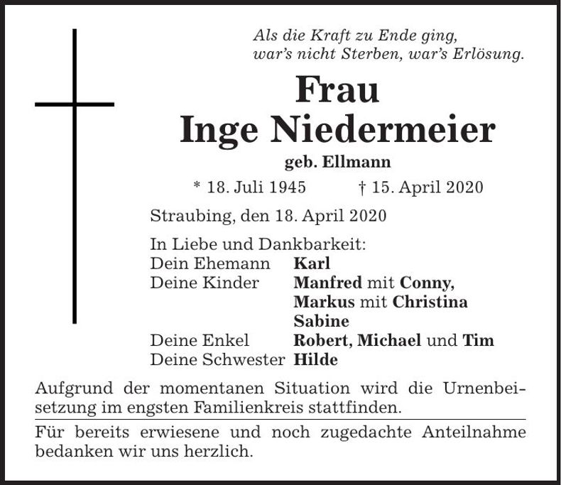 Traueranzeige Inge Niedermeier