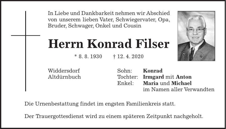 Traueranzeige Konrad Filser