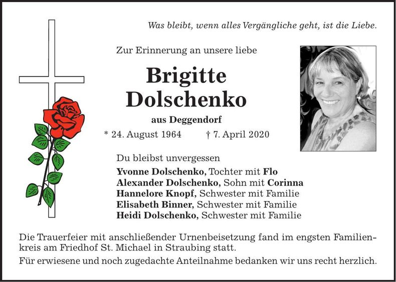 Traueranzeige Brigitte Dolschenko