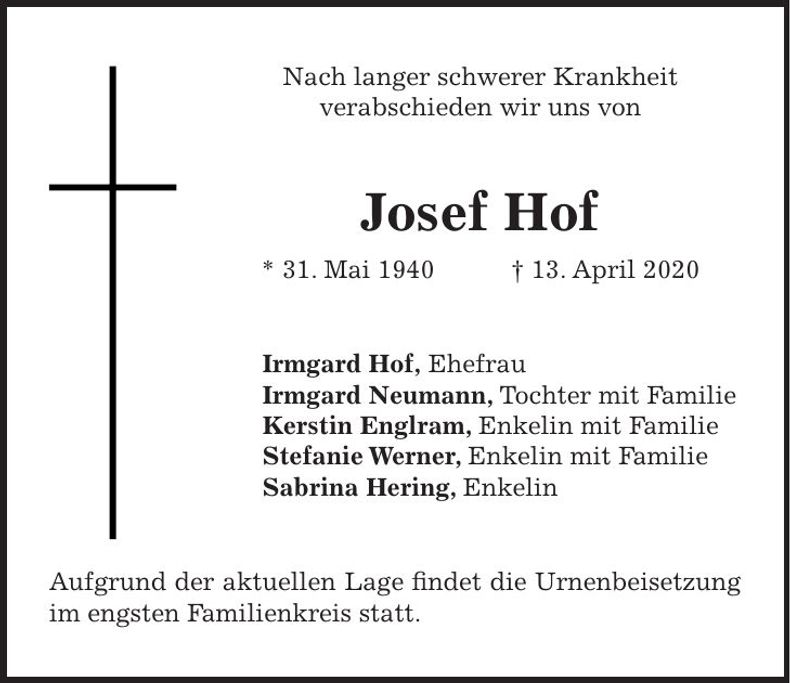 Traueranzeige Josef Hof