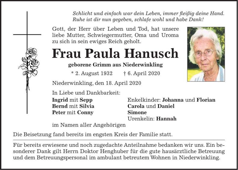 Traueranzeige Paula Hanusch