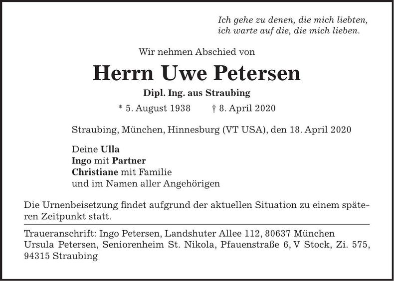 Traueranzeige Uwe Petersen