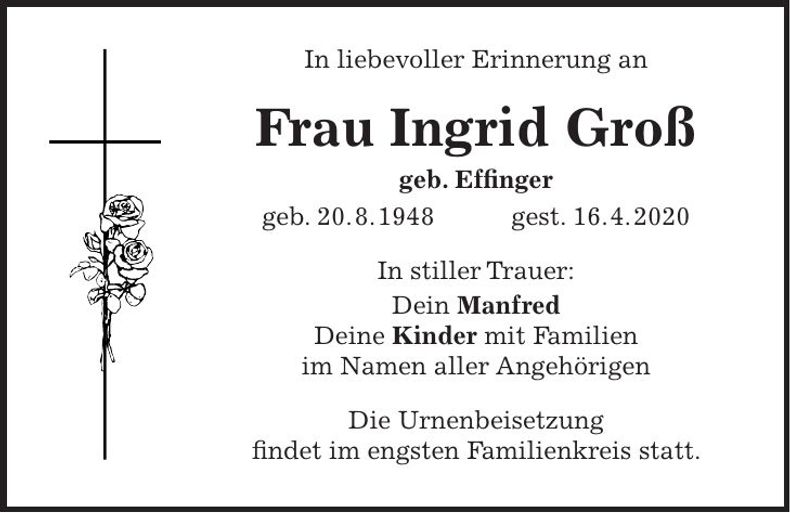 Traueranzeige Ingrid Groß
