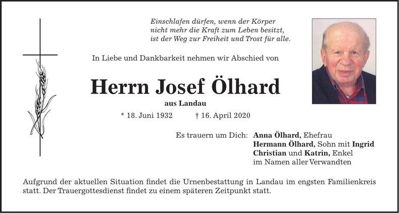 Traueranzeige Josef Ölhard