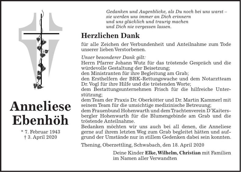Traueranzeige Anneliese Ebenhöh