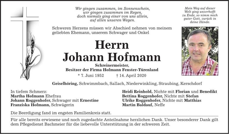 Traueranzeige Johann Hofmann
