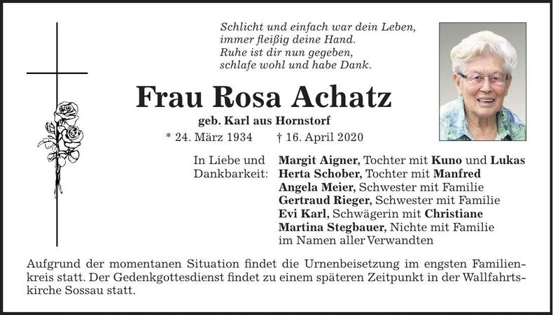 Traueranzeige Rosa Achatz