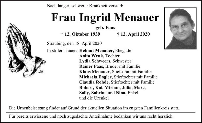 Traueranzeige Ingrid Menauer