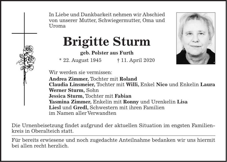 Traueranzeige Brigitte Sturm