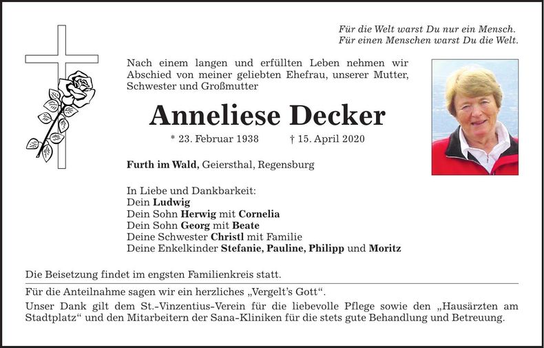 Traueranzeige Anneliese Decker