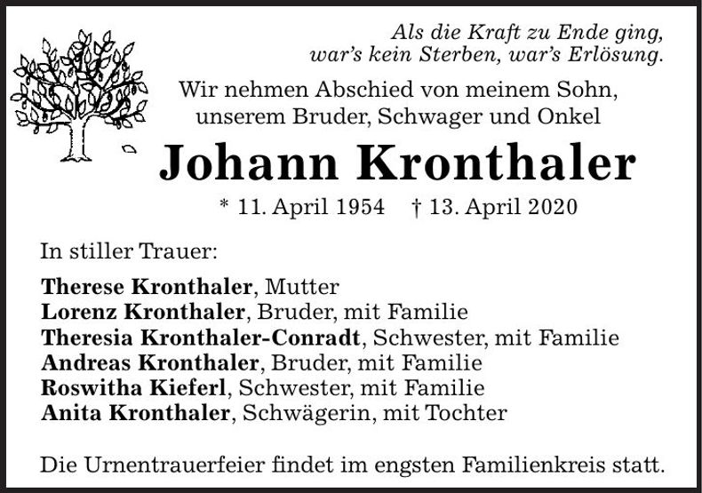 Traueranzeige Johann Kronthaler