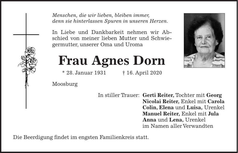 Traueranzeige Agnes Dorn