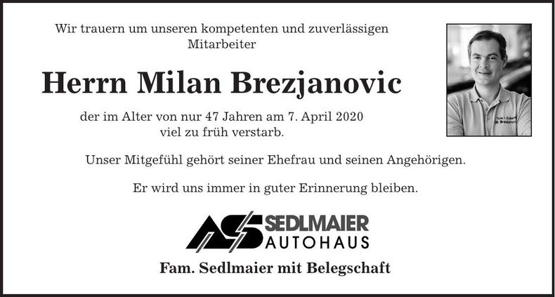 Traueranzeige Milan Brezjanovic