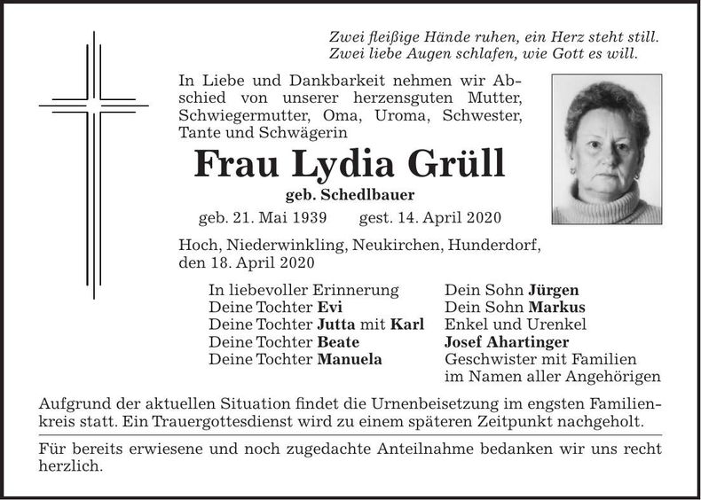 Traueranzeige Lydia Grüll