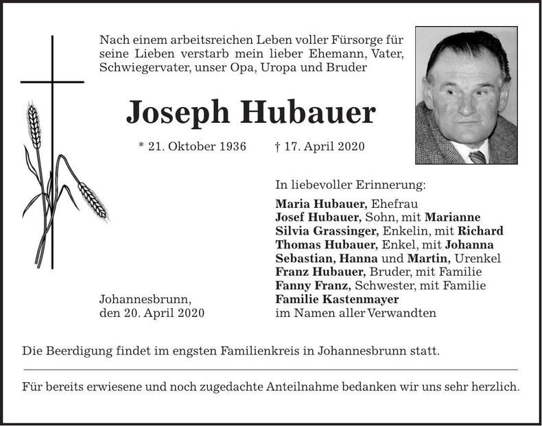 Traueranzeige Joseph Hubauer