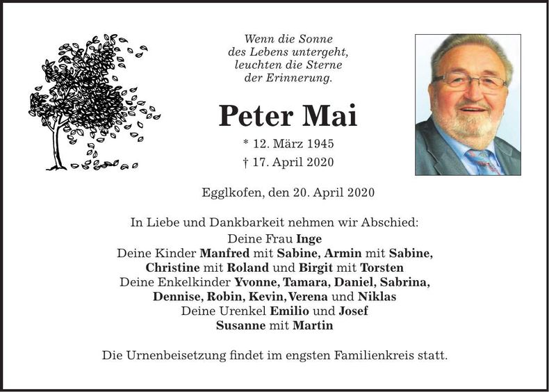 Traueranzeige Peter Mai
