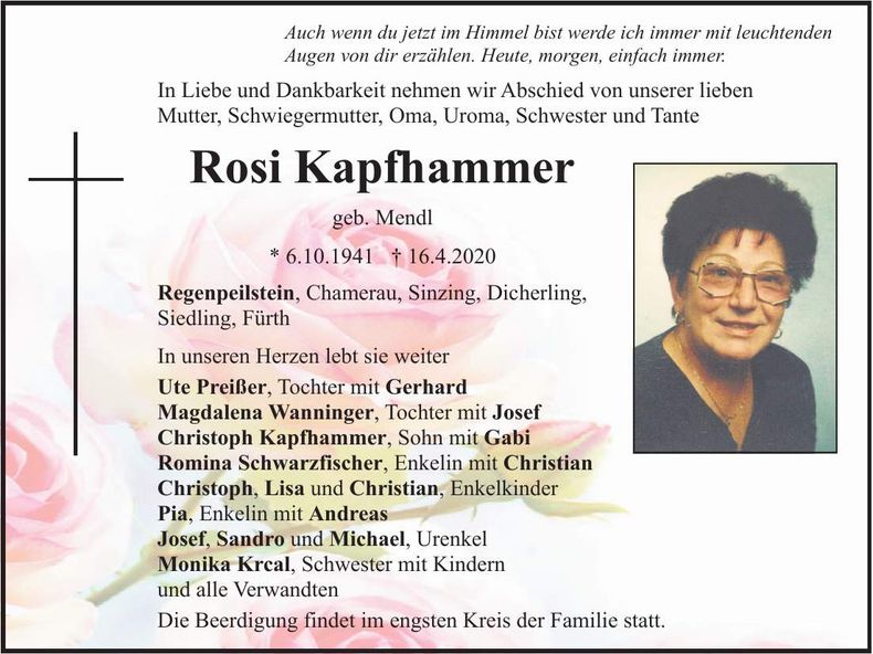 Traueranzeige Rosi Kapfhammer