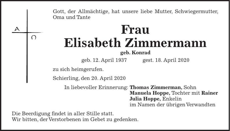 Traueranzeige Elisabeth Zimmermann