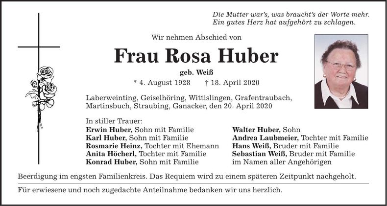 Traueranzeige Rosa Huber