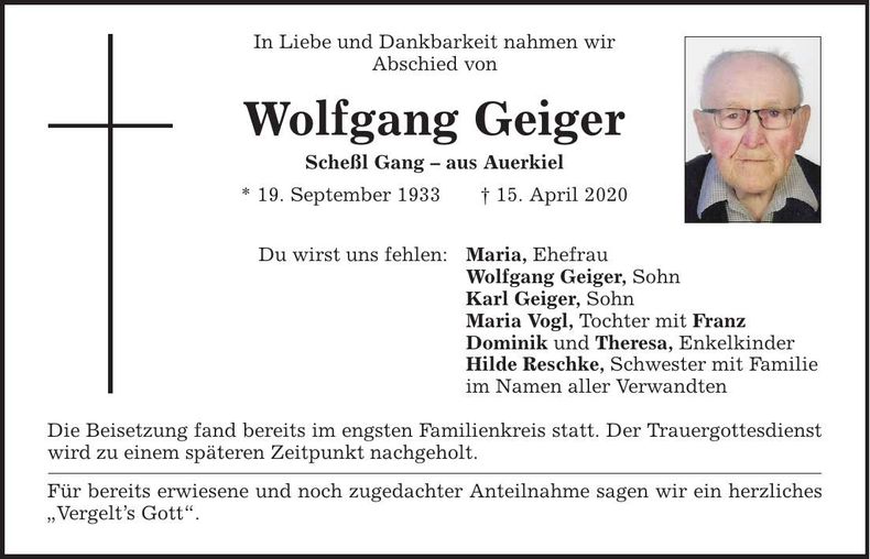Traueranzeige Wolfgang Geiger