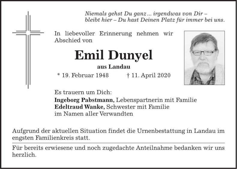 Traueranzeige Emil Dunyel