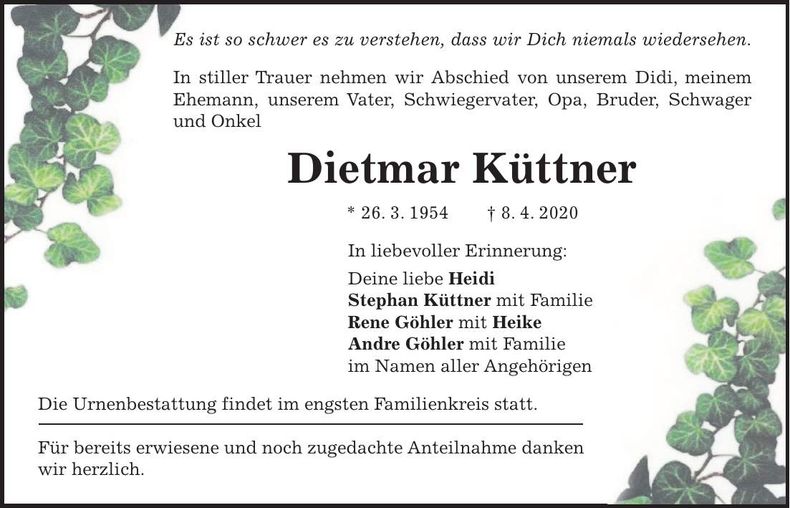 Traueranzeige Dietmar Küttner