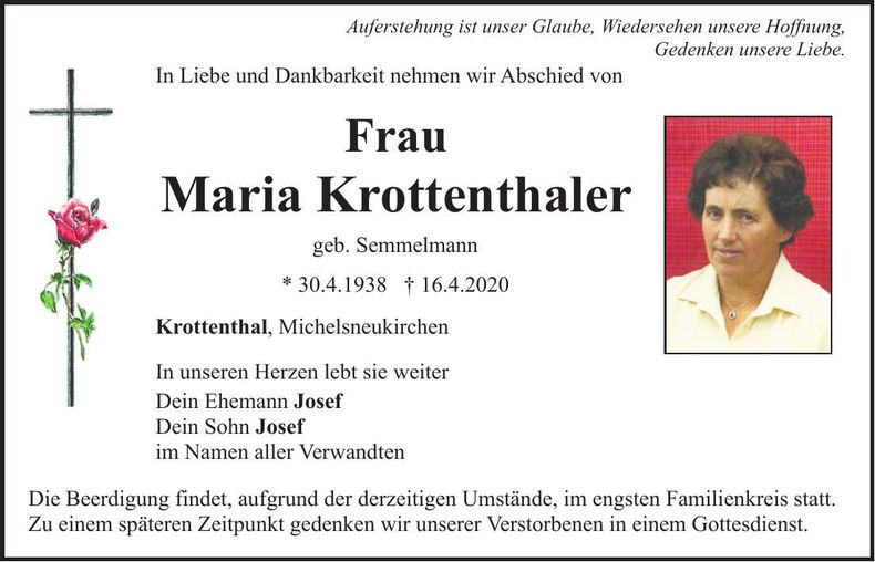 Traueranzeige Maria Krottenthaler