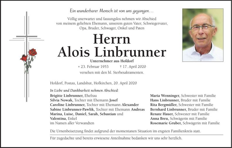 Traueranzeige Alois Linbrunner