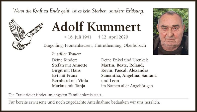 Traueranzeige Adolf Kummert