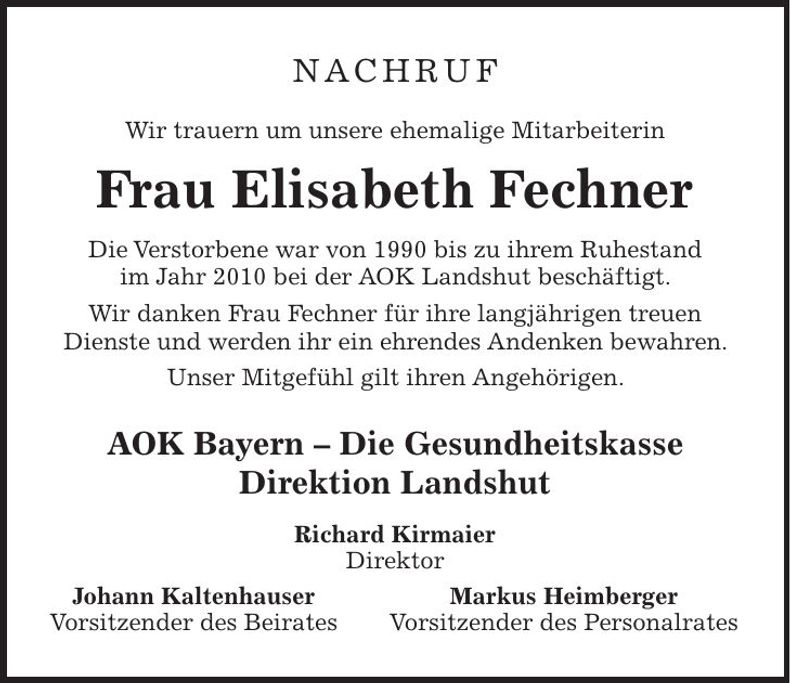 Traueranzeige Elisabeth Fechner