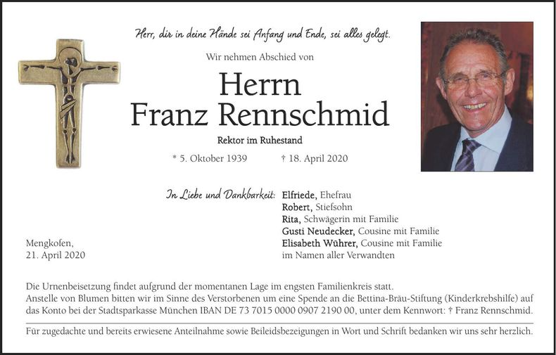 Traueranzeige Franz Rennschnid