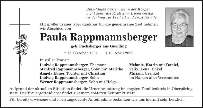 Traueranzeige Paula Rappmannsberger