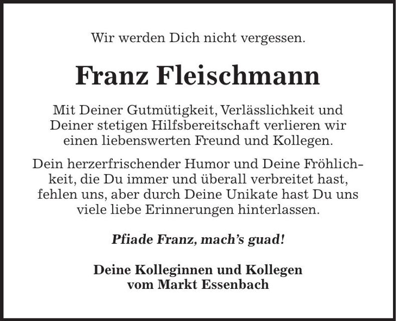 Traueranzeige Franz Fleischmann