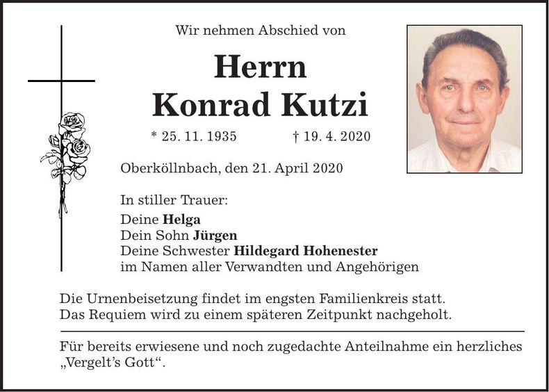 Traueranzeige Konrad Kutzi