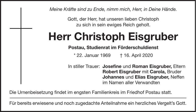 Traueranzeige Christoph Eisgruber
