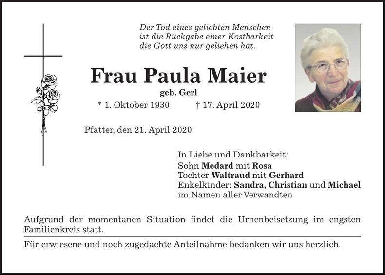 Traueranzeige Paula Maier