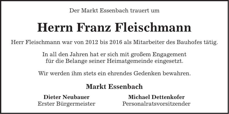 Traueranzeige Franz Fleischmann