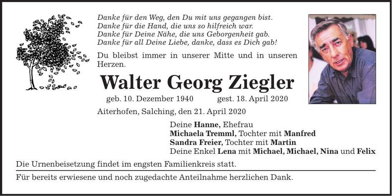 Traueranzeige Walter Georg Ziegler