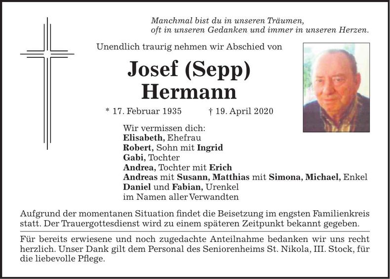 Traueranzeige Josef Hermann