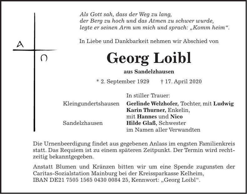 Traueranzeige Georg Loibl