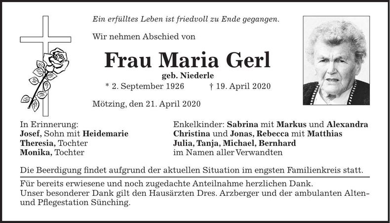 Traueranzeige Maria Gerl