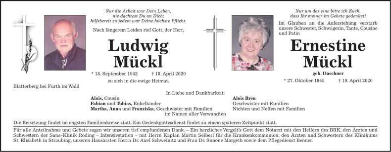 Traueranzeige Ludwig und Ernestine Mückl