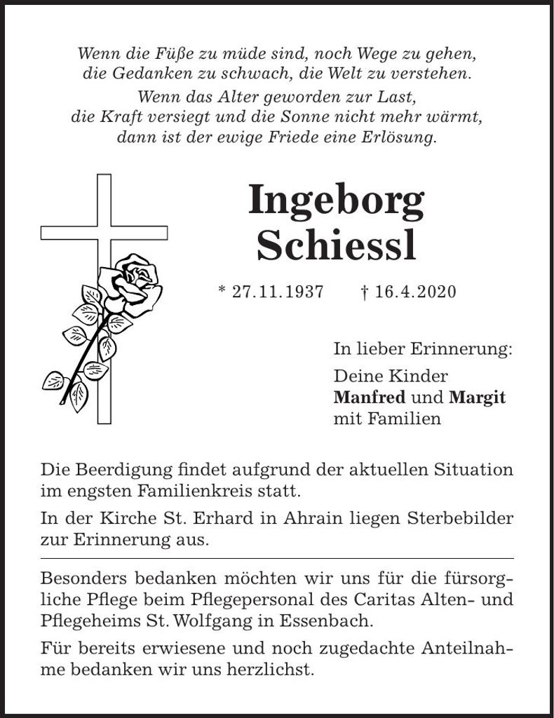 Traueranzeige Ingeborg Schiessl