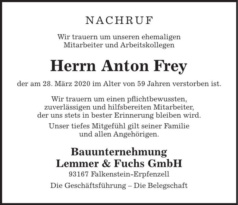 Traueranzeige Anton Frey