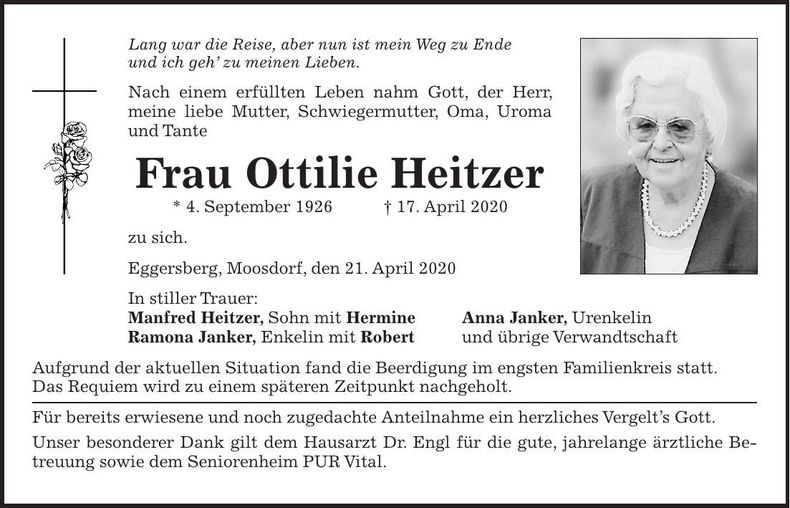 Traueranzeige Ottilie Heitzer