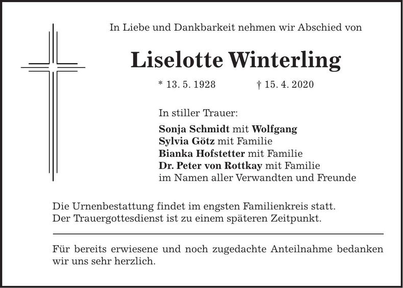 Traueranzeige Liselotte Winterling