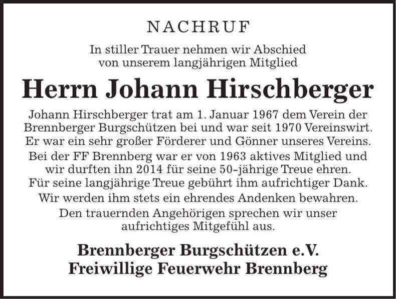 Traueranzeige Johann Hirschberger