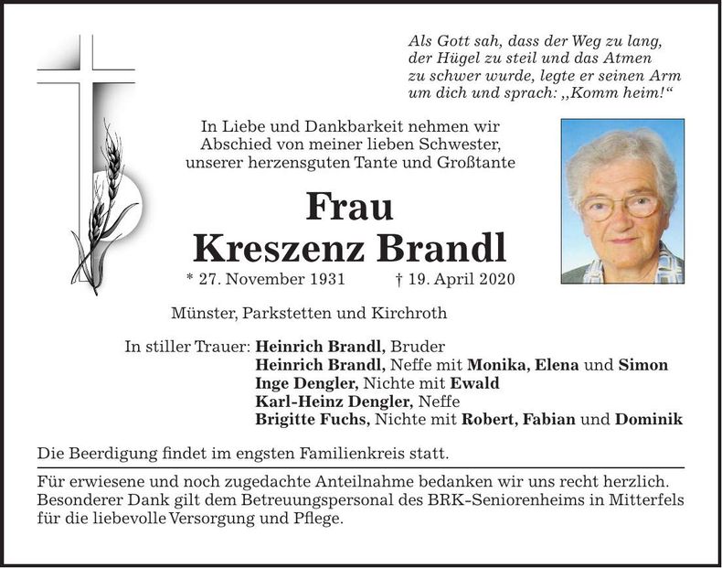 Traueranzeige Kreszenz Brandl