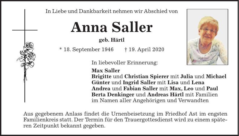Traueranzeige Anna Saller